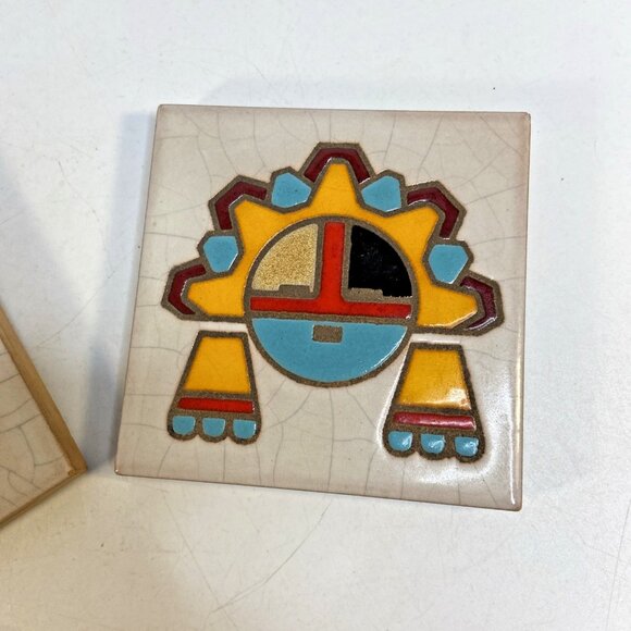 Set 2 Vintage Italian Hand Painted Ceramic Tile Trivet Native American Art 4 in - Picture 3 of 9